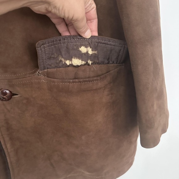 Vintage 70s Jacket Mens 38 Suede Leather Sherpa Lined Shawl Marlboro Coat - Picture 13 of 16